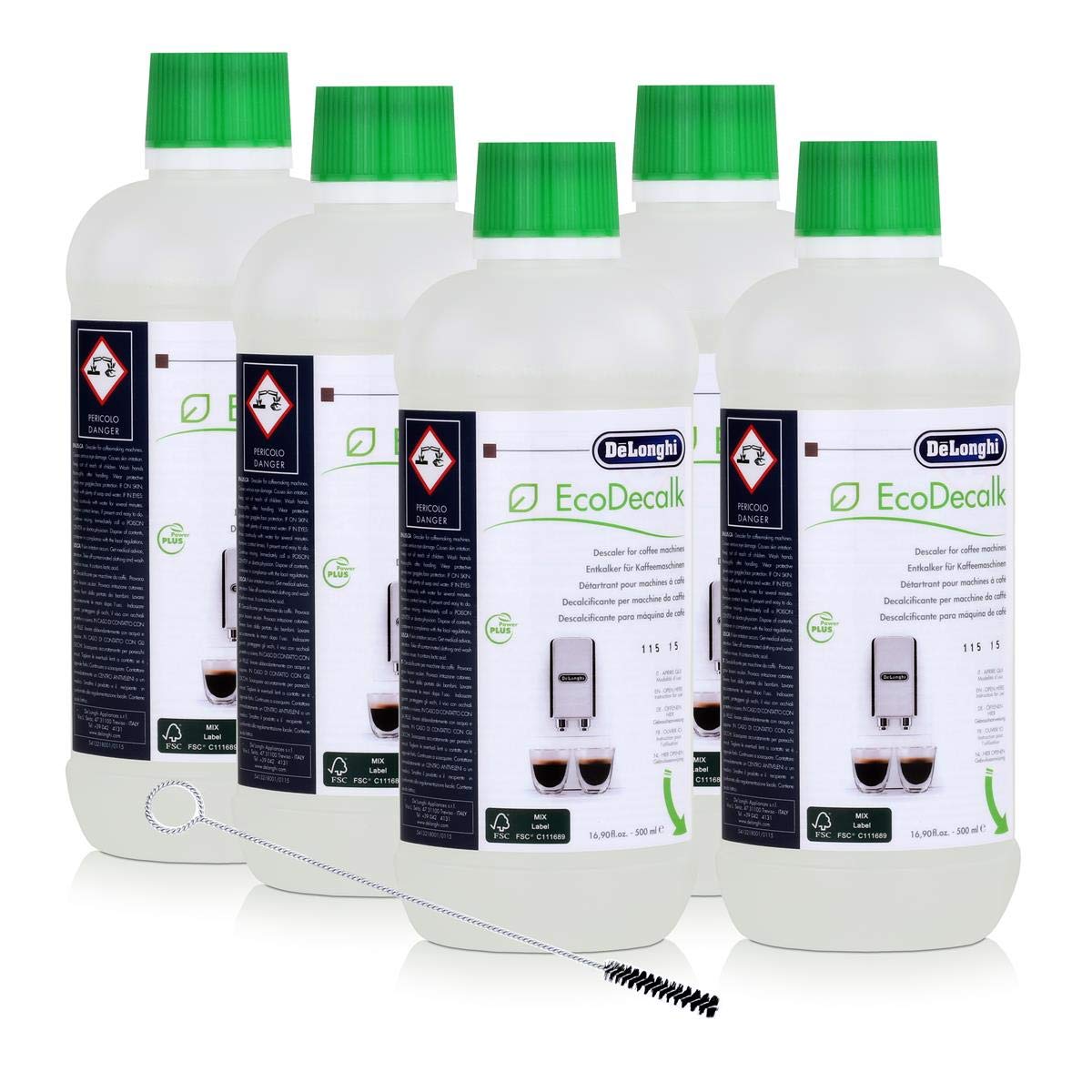 5x EcoDecalk von Delonghi für Kaffeevollautomaten Entkalker und eine Delonghi Reinigungsbürste