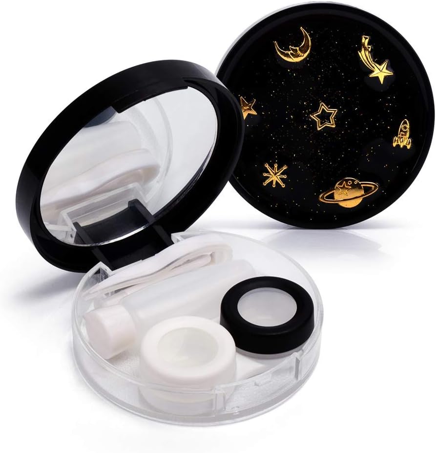 ofone Contact Lens Case, Cute Moon And Stars Contact Holder Cases Kit with Lenses Remover Tool Tweezers Mirror Solution Bottle Portable Contacts Container Storage Box for Women Girl (Black)