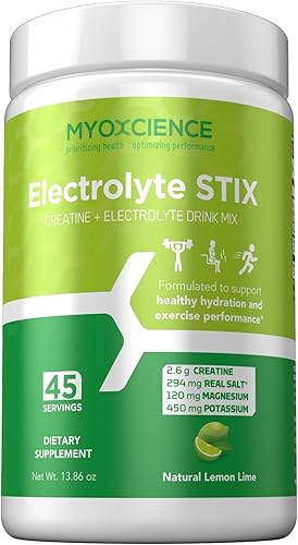 MYOXCIENCE Electrolyte STIX  Polvo de electrolito de creatina  Recuperación del ejercicio y el desarrollo muscular con sal real (sabor a lima limón)