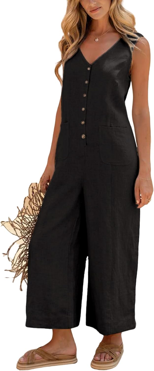 Yeokou Women Button Down Jumpsuits Cotton Linen Sleeveless Casual Wide Legs Rompers Loose Overall with Pockets - Image 2