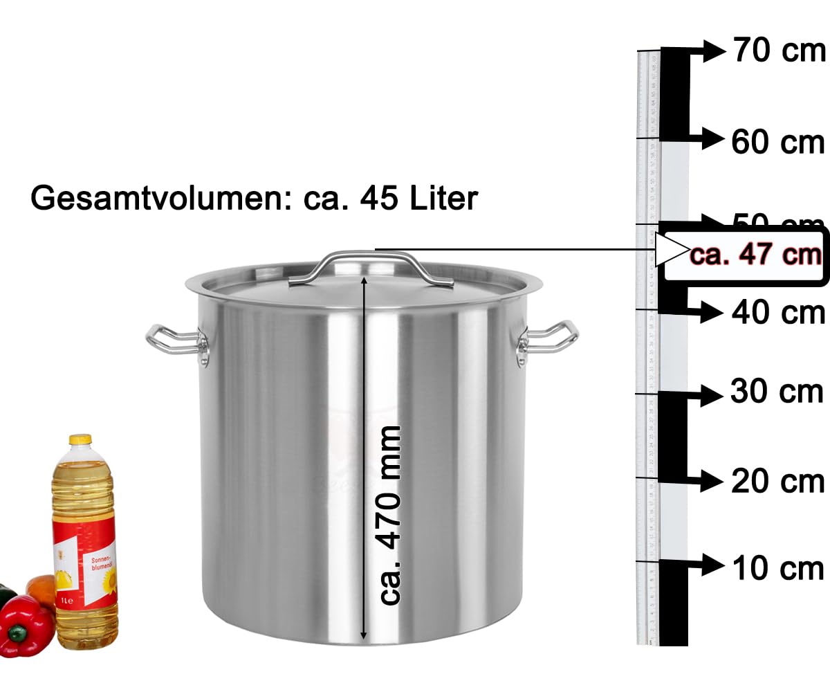 Beeketal 'BKT-50' Gastronomie Kochtopf ca. 45 Liter aus Edelstahl mit starken Griffen und Deckel, Topf für alle Herdarten geeignet (Induktion, Gas, Glaskeramik), ideal als z.B. Suppentopf