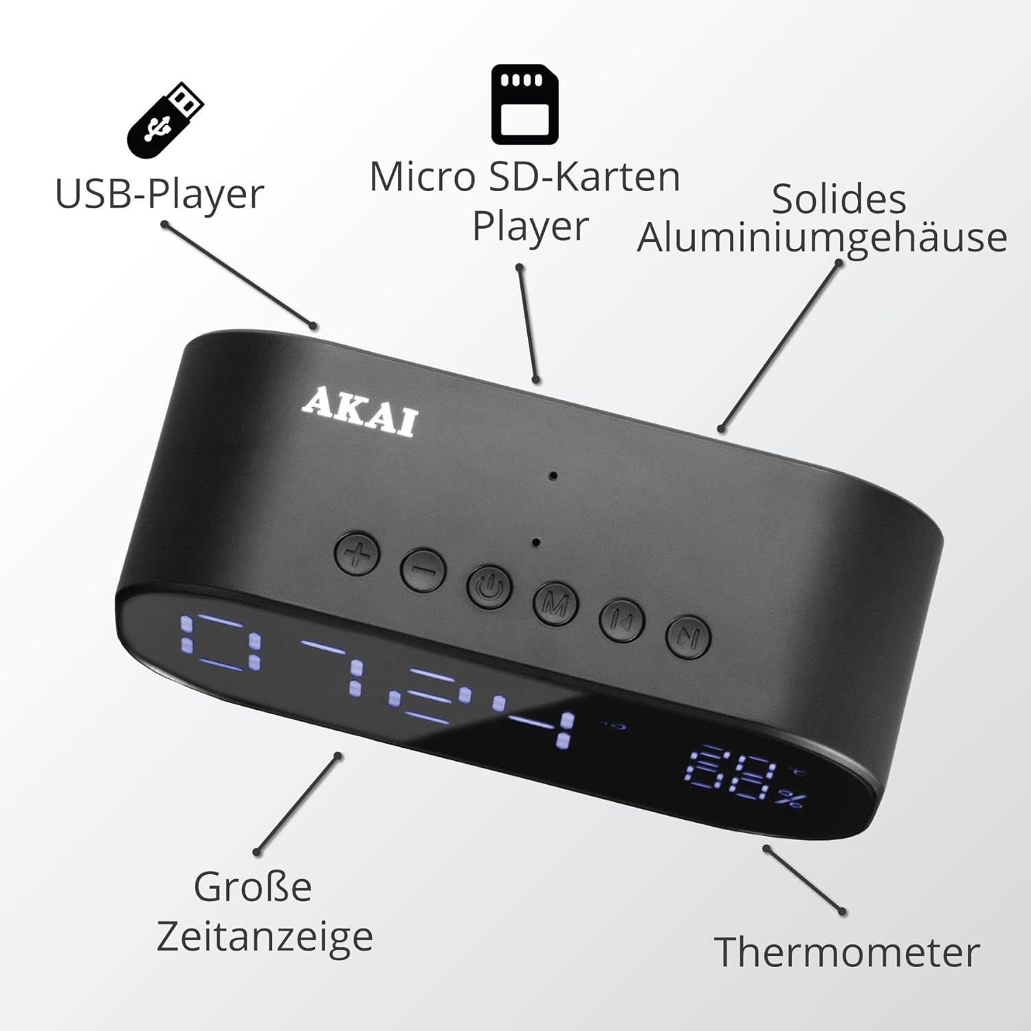 Akai ABTS-S2 BK Bluetooth Radio Alarm Clock top controls
