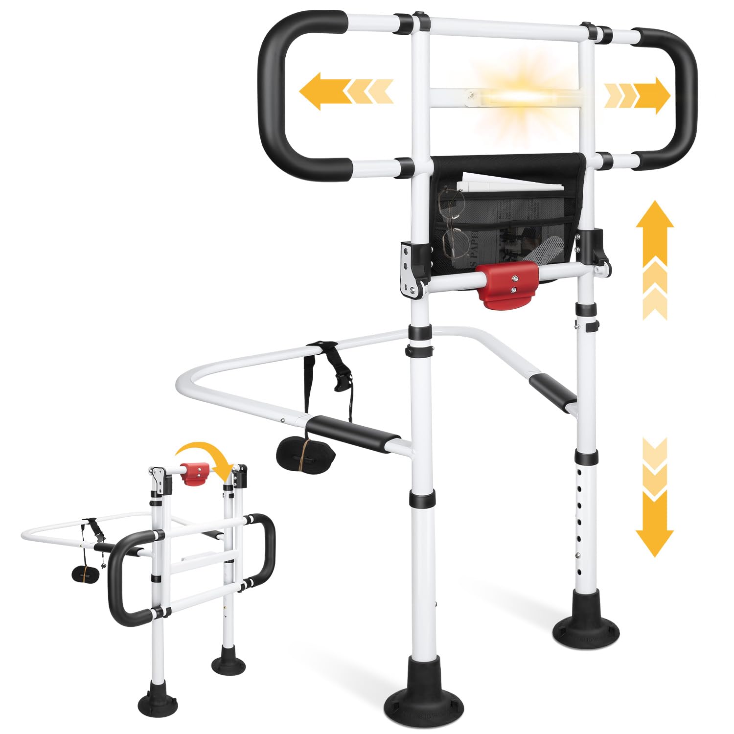 Riel de cama plegable para adultos mayores con luz de sensor de movimiento, mango de asistencia de seguridad ajustable con correas seguras, soporte de mesita de noche resistente, se adapta a