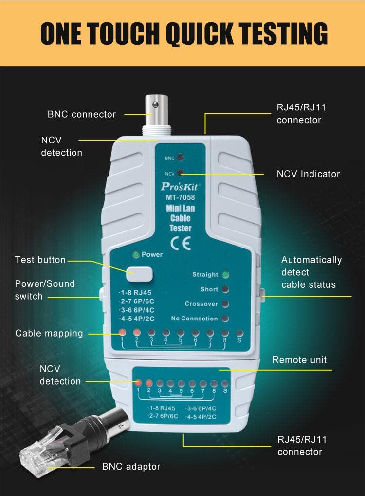 Pro'sKit Soluciones de herramientas MT-7058 Mini Lan Cable Tester RJ45, RJ-11/RJ-12, probador de cable BNC, detector de voltaje compacto y ligero un toque prueba detector sin contacto(MT-7058)
