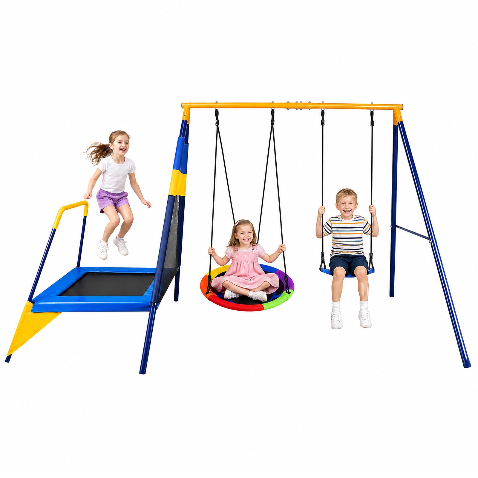 Stelaż huśtawki 3 w 1 dla dzieci z huśtawką gniazdową, trampolina, wytrzymała | Stabilna rama A, linki o regulowanej wysokości, w zestawie kotwa do podłoża, szybki montaż, idealna dla rodziny