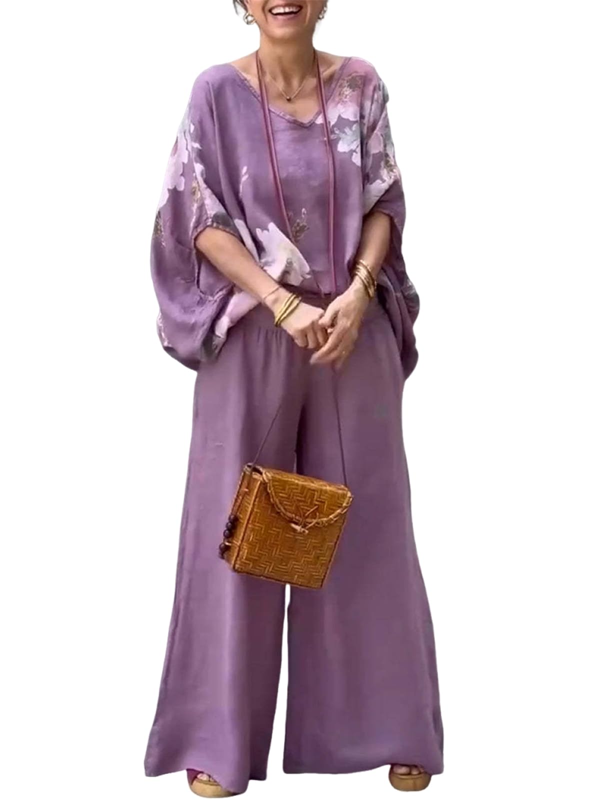 utcoco Women's Two Piece Outfits 2025 Summer Casual Batwing Sleeve Capelet Tops Wide Leg Pants Lounge Set