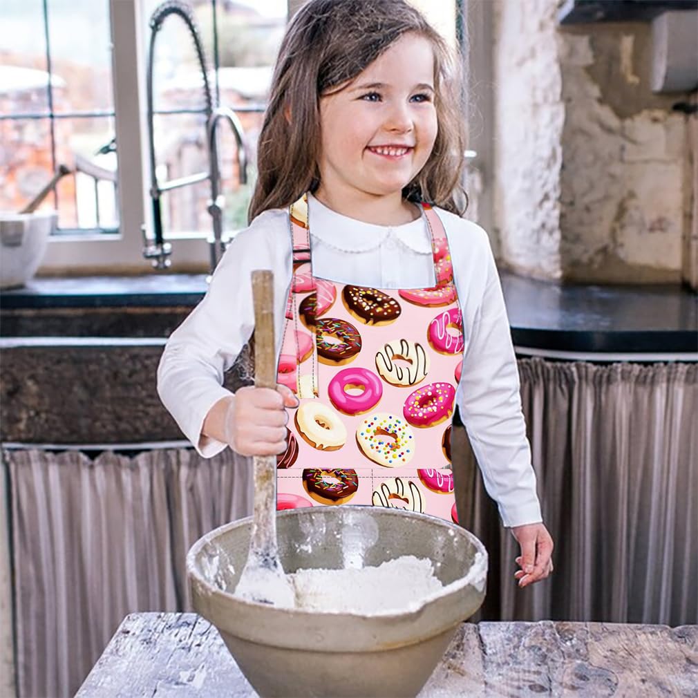 Liutufy Kids Aprons, Adjustable Cartoon Style Apron for Children Cooking Painting Gardening (Pink Donut Apron) - Image 2