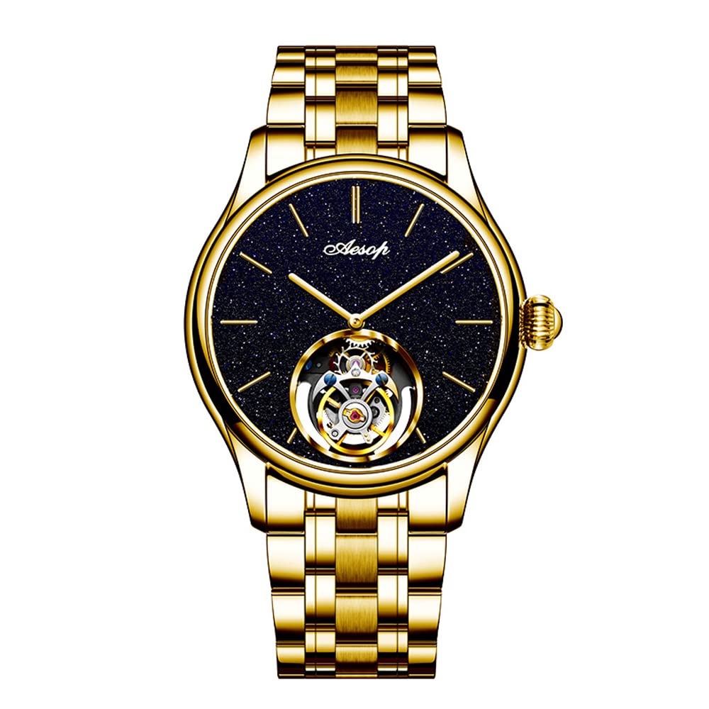 AESOP Classic Tourbillon Men Watch Sand Stone Dial Mechanical Tourbillon Movement Manual Analog Wristwatches Sapphire Waterproof Dress Business Watch for Men with Leather Strap 7050