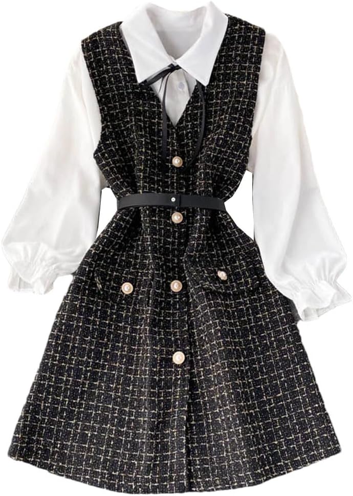 Women's Dress Puff Sleeve Shirt Strap Robe Lace Up Two-Piece Set