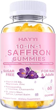 Saffron Supplements Gummies for Kids & Adults,with Ashwagandha,L-Theanine,Chamomile,St. Johns Wort,Lemon Balm,Vitamin D3 B6, Magnesium Glycinate,Zinc Gummies for Zzz, Mood, Focus & Vision 60 Cnt