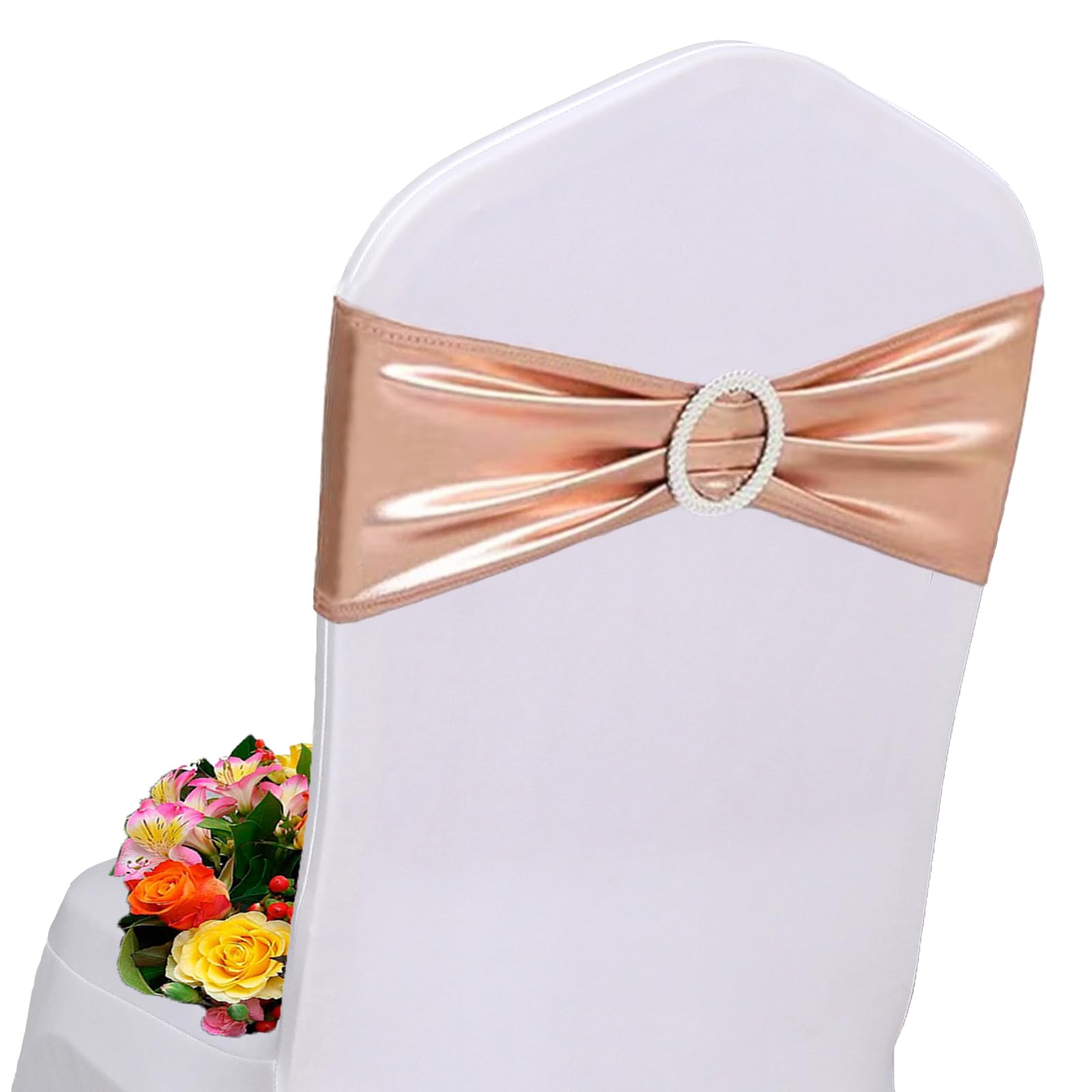 Zestaw 50 sztuk szarf na krzesło w kolorze różowego złota – opaski na krzesła z klamrą na wesela, wieczór panieński, baby shower, przyjęcia urodzinowe i dekoracje bankietowe