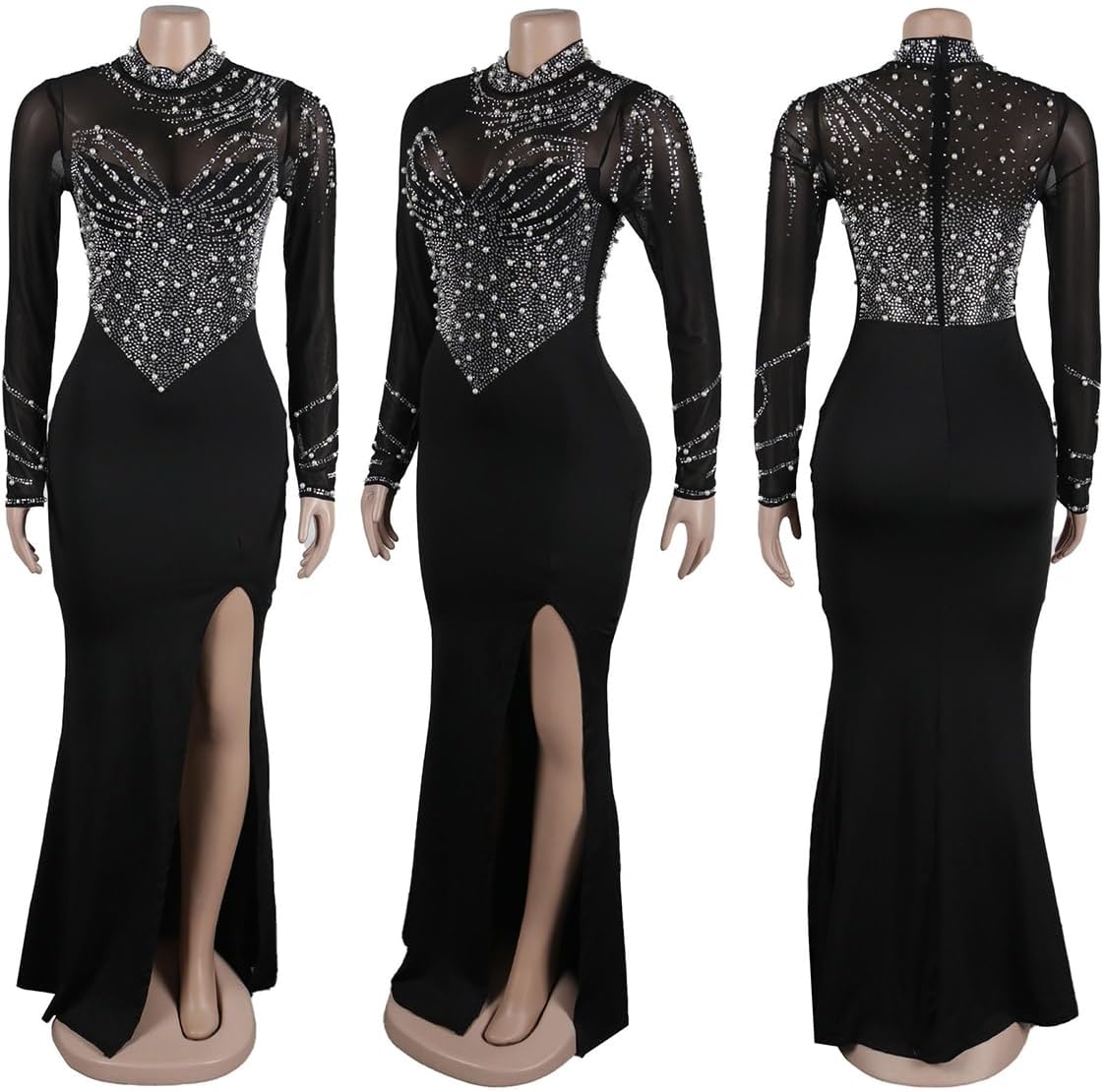 WOKANSE Women's Formal Dresses Mock Neck Sexy Mesh See Through Long Sleeve High Slit Sparkly Rhinestone Prom Dress - Image 5