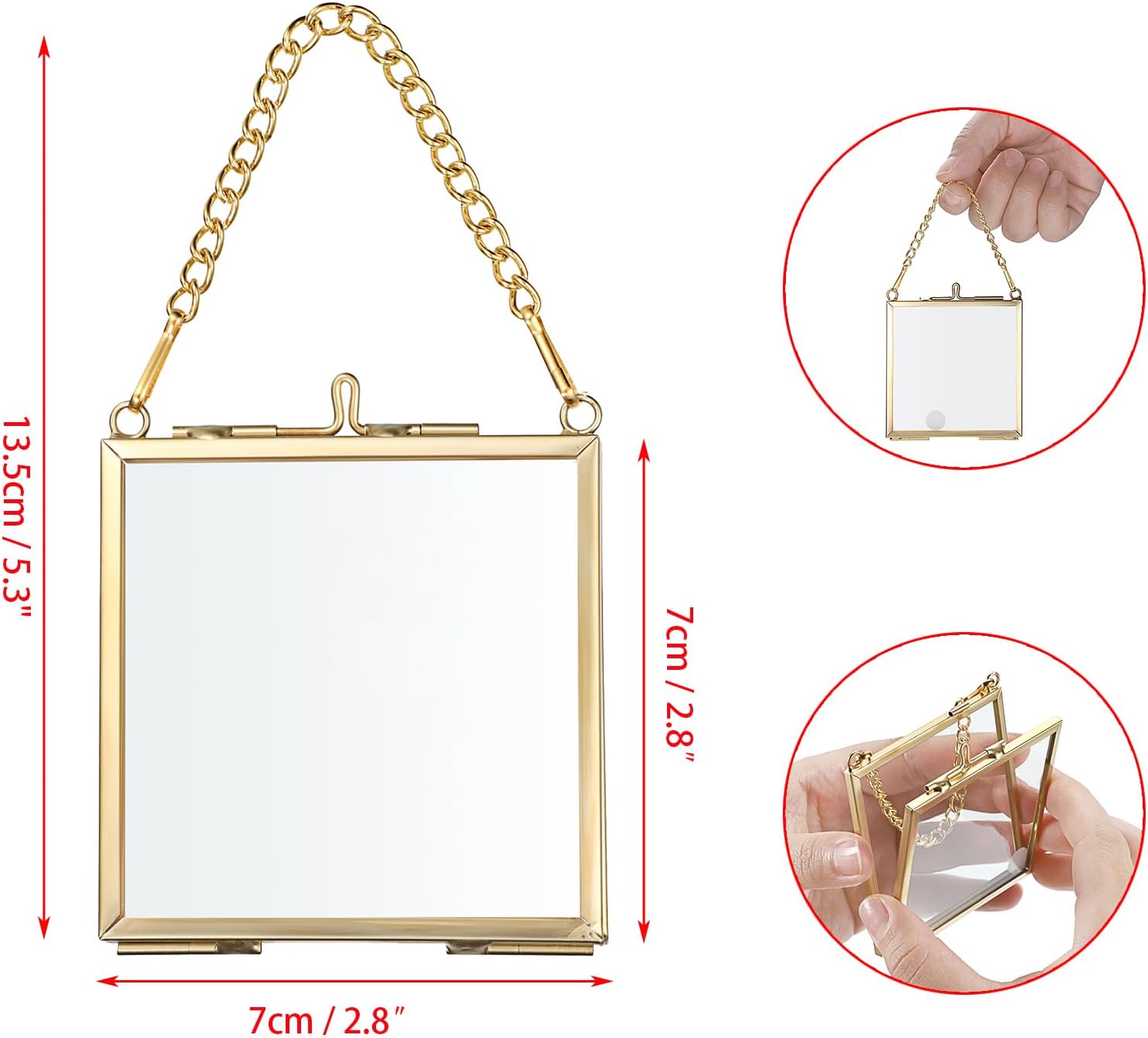 JUXYES 2 Pack Wall Hanging Mini Brass Glass Ornament Frames, Square Floater Picture Artwork Display Frame, Double Glass Floating Tiny Frames Gallery Wall Frame for Photo, Picture, Pressed Flower, Gold