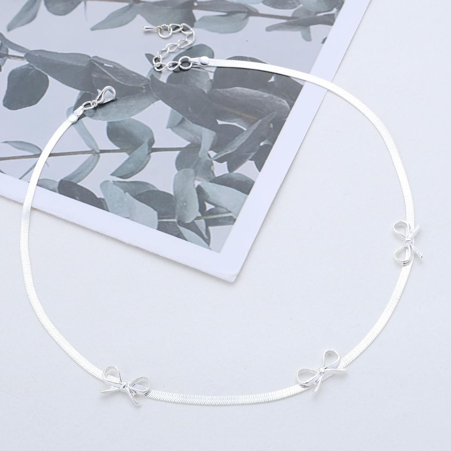 Bohemian Bow Tie Choker Necklace Silver Bow Snake Chain Necklaces Metal Flat Herringbone Chain Necklaces Minimalist Bowknot Snake Bone necklace Jewelry for Women - Image 4