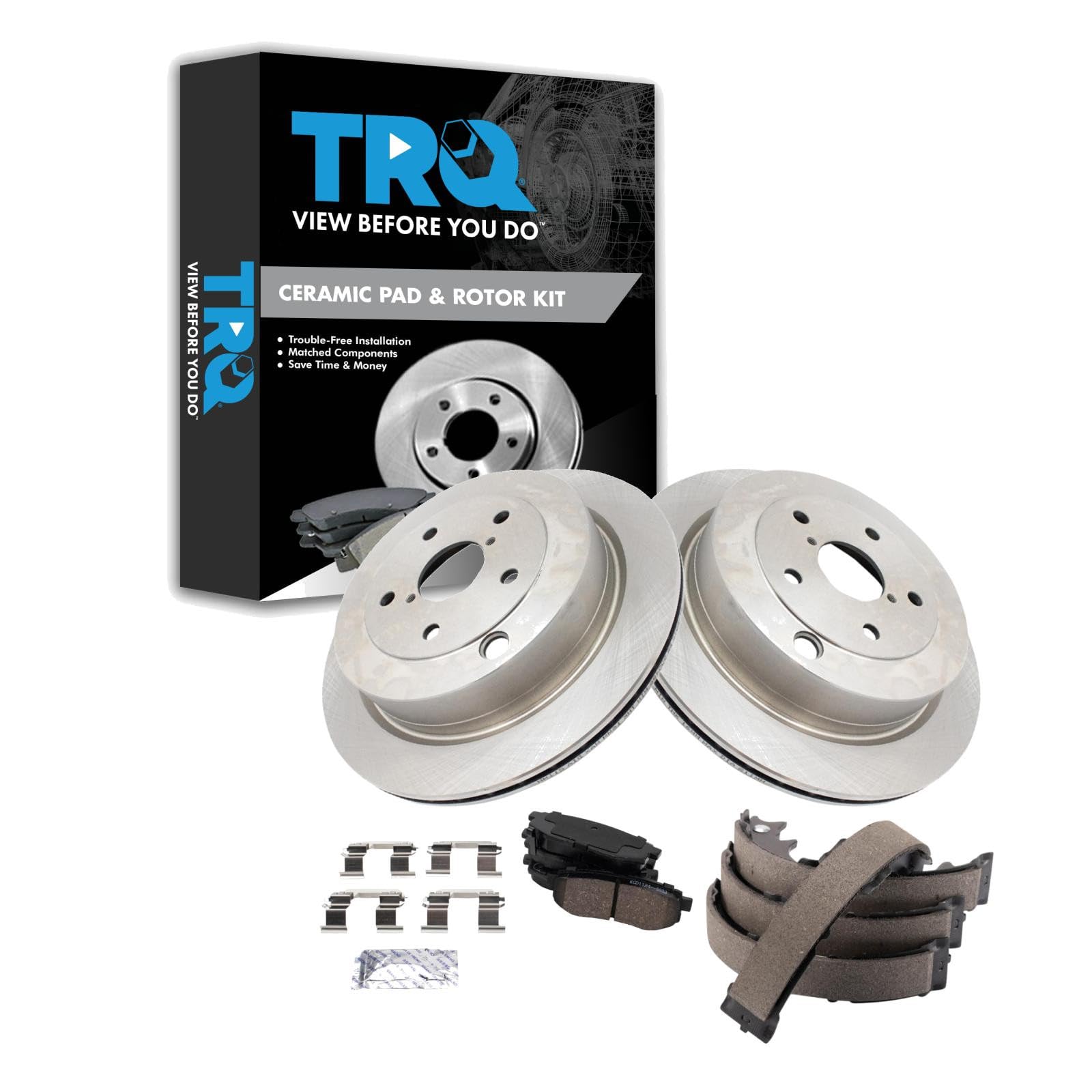 TRQ Rear Brake Pad and Rotor Set Ceramic Parking Shoe Compatible with 2006-2007 Subaru B9 Tribeca 2008-2014 Tribeca