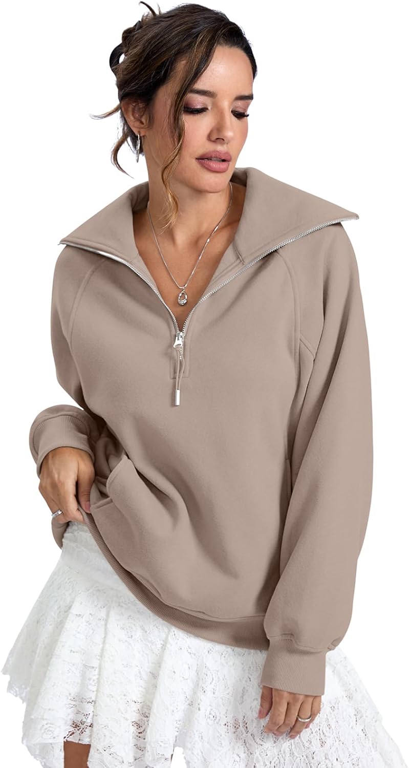 Womens Fleece Lined Sweatshirts Oversized Half Zip Pullover with Pocket Trendy Long Sleeve Tops Outfits Clothes - Image 5