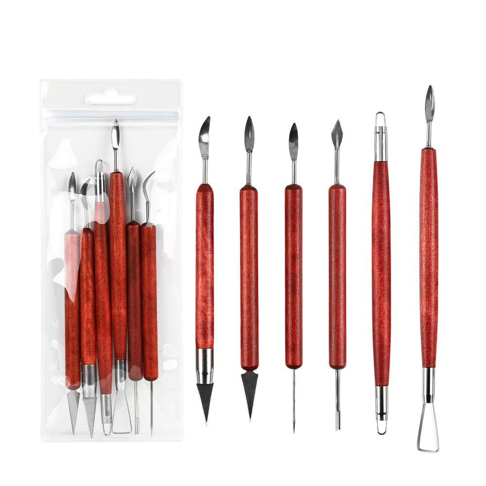 Clay Sculpting Tools Set, Wooden Handle, Stainless Steel, 6 Pieces, Pottery Carving Modeling Kit-picture-11