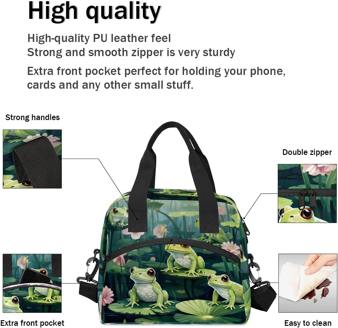 Green Insulated Lunch Bag for Women Men Adults Large Reusable Lunch Box Frog Leakproof Cooler Tote Bags with Adjustable Shoulder Strap