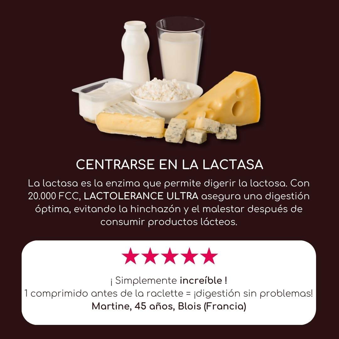 LACTOLERANCE ULTRA Lactasa 20.000 FCC, Lipasa 500 UI, 200 Pastillas | Doble acción sobre lactosa y grasas. Efecto inmediato. Enzimas digestivas. Formato ahorro. Sin sabor. Fabricado en Francia.