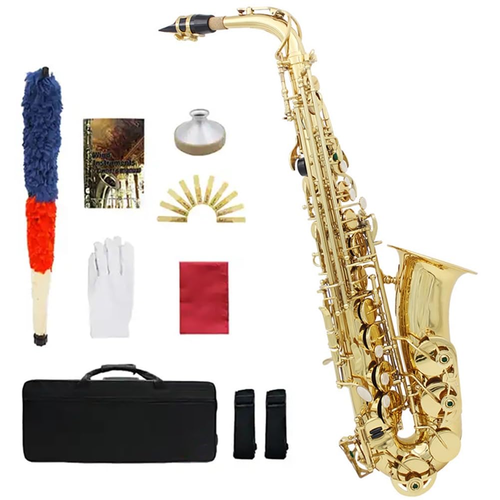 Saksofon altowy E Tune Brass Sax Pełny zestaw z zestawem do czyszczenia i pielęgnacji obudowy, instrument dęty z guzikami w kolorze naturalnej bieli dla studentów i początkujących (Color : Golden)