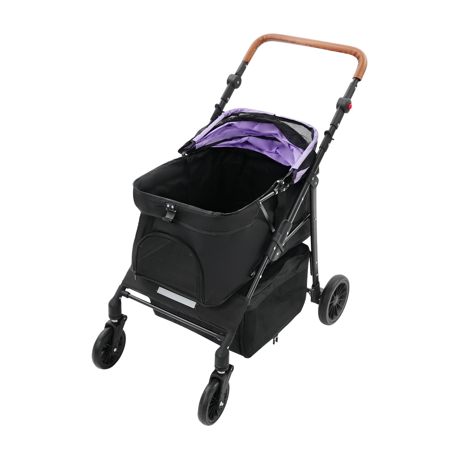Carrello per cani 2 in 1, pieghevole con due scomparti separati, passeggino per animali domestici fino a 15 kg, con manico regolabile, per cani di piccola taglia e gatti (nero + viola)