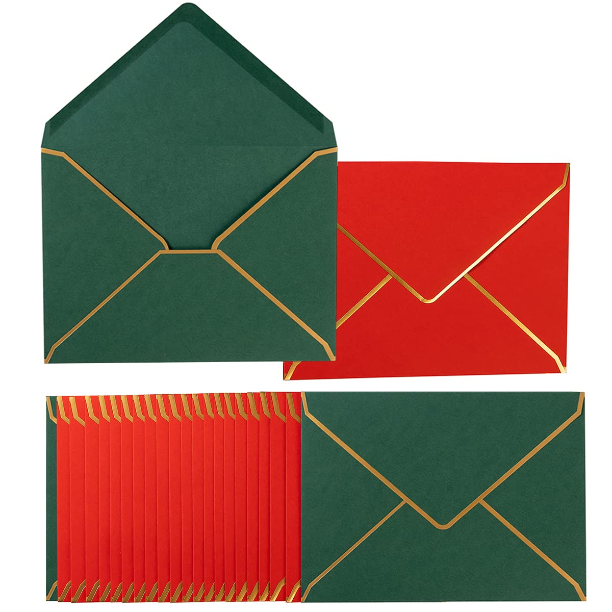 100 Pack Christmas A7 Envelopes 5x7 Envelopes Green Red with Gold Border for Office, Wedding Gift Cards, Invitations, Graduation, Baby Shower, Parties, 5.32 x 7.28 Inches