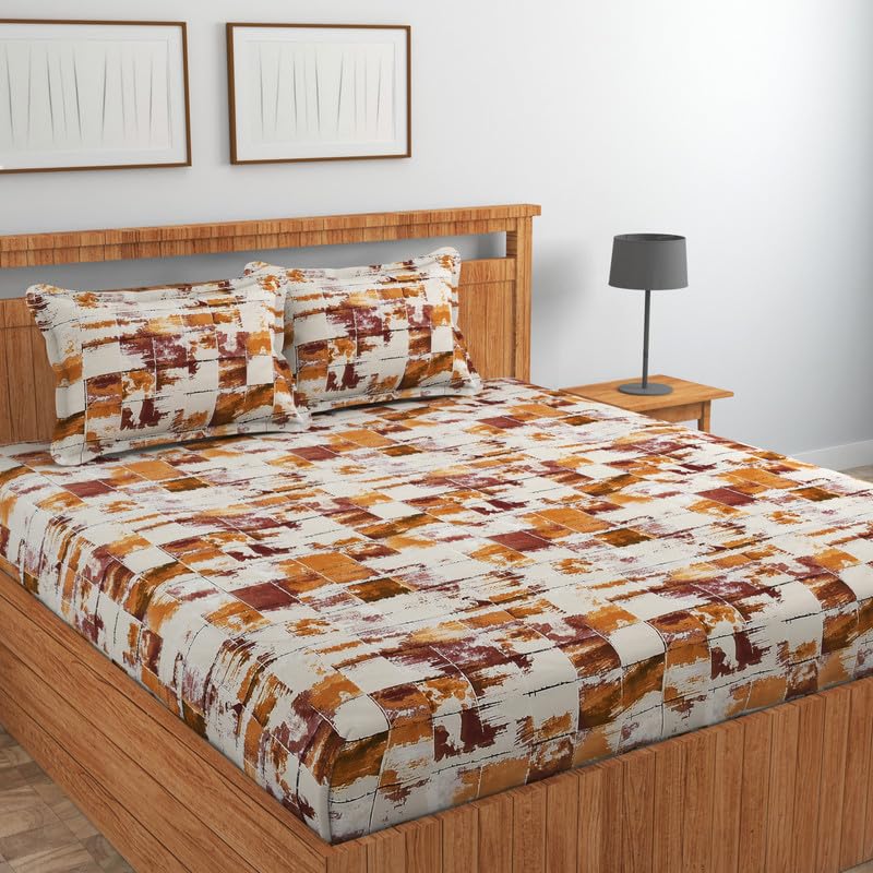 Image of NEW LEAF Cotton Fitted King Size Bedsheets with 2 Pillow Covers | Elastic Fitted | Wrinklefree | Ultrasoft |Winter Bedsheet 220 tc tc Floral | 710x72+10 Inches, Brown White