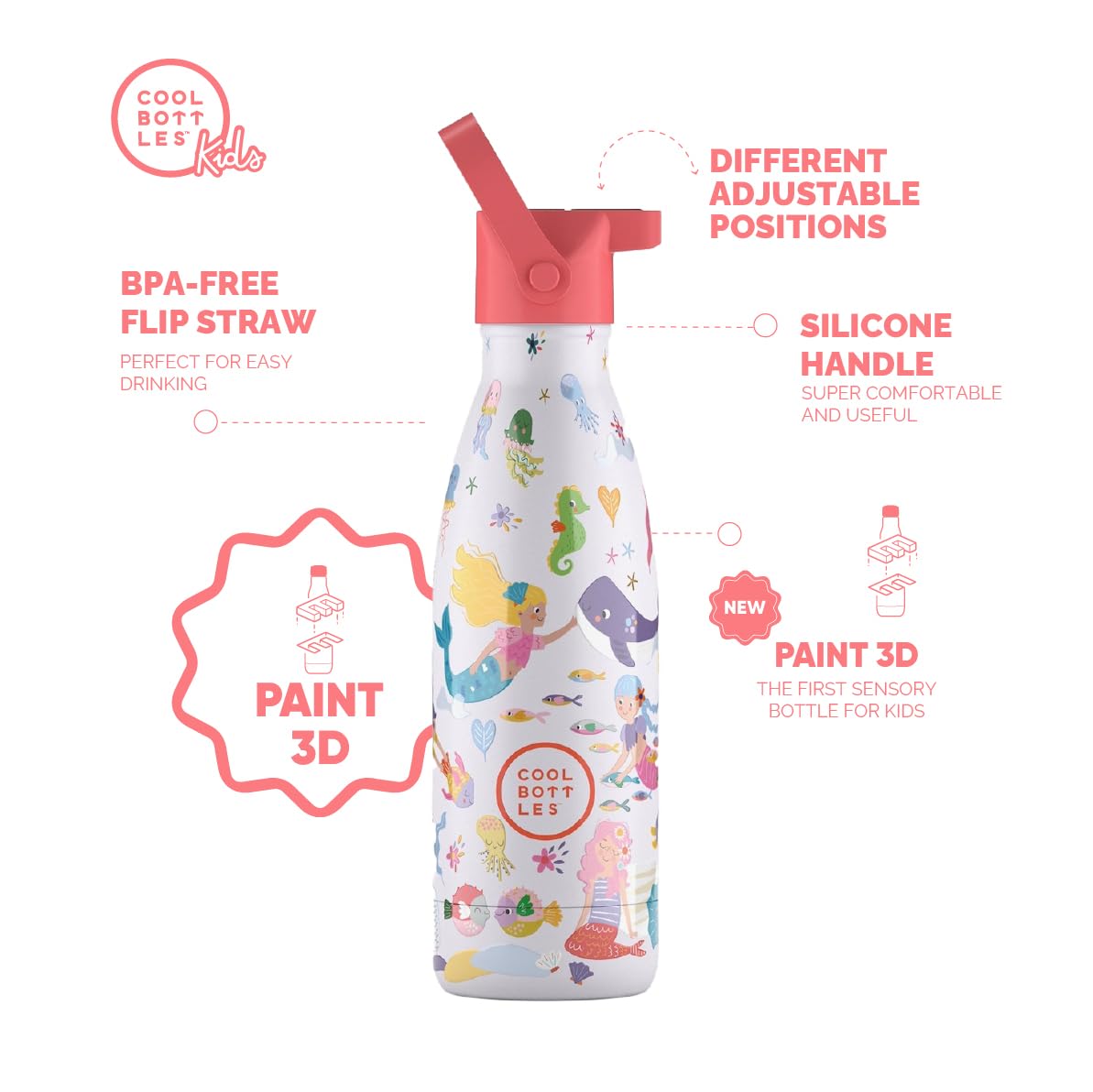 Cool Bottles - Termos dla dzieci – butelka na wodę ze stali nierdzewnej – 350 ml – Sweet Mermaids – zimne napoje 36 godzin i gorące napoje 18 godzin – bez BPA