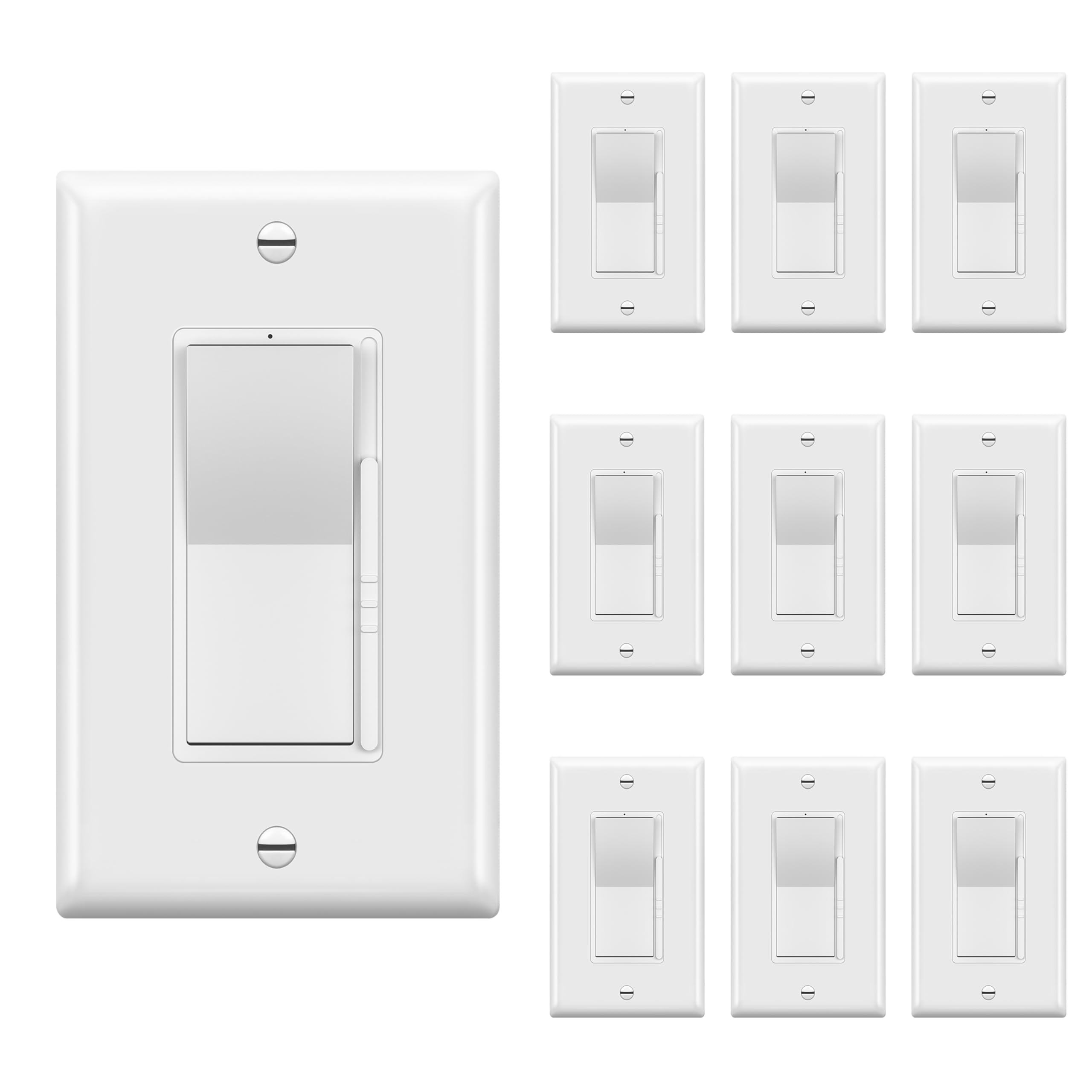 TOPGREENER Digital Dimmer Paddle Light Switch for Dimmable 300W LED/CFL Lights, Single Pole/3-Way, Modern Upgrade,LED Slide Dimmer, Wall Plate Included, UL Listed, White,10 Pack