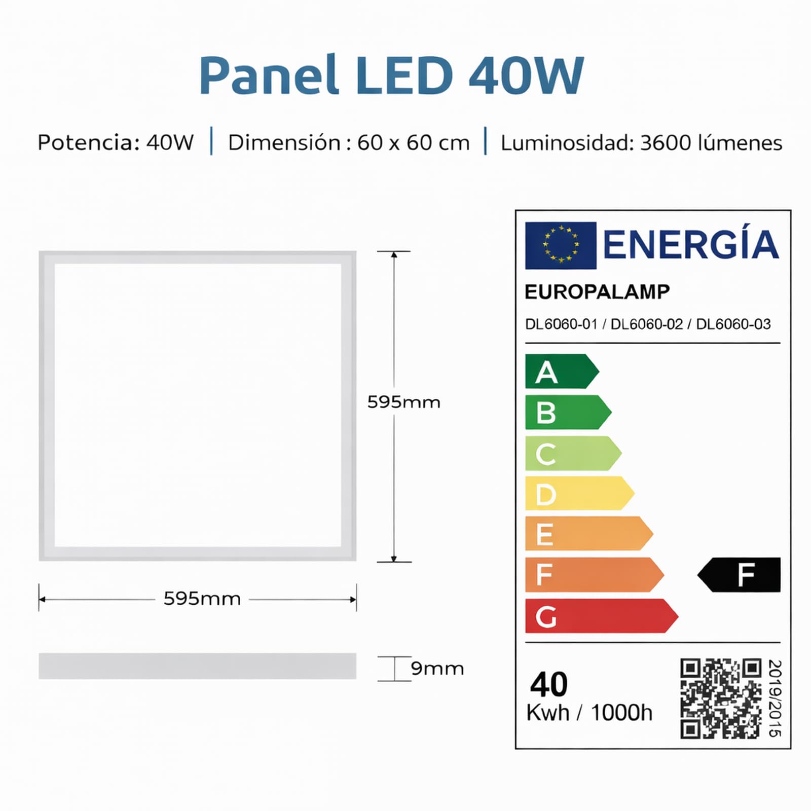 Europalamp - 12 paneles LED Premium Ultra Slim 600 x 600 40 W, blanco neutro 4000 K