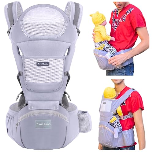 Travel Buddy Portabebés 4 en 1 con asiento de cadera y cabestrillo Tamaño ajustable para papá y mamá Soporte de espalda y lumbar Posición