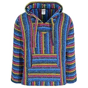 Mexicaanse Baja Jerga Hoodie Hippie Festival Top in Blauwe Snoep Streep