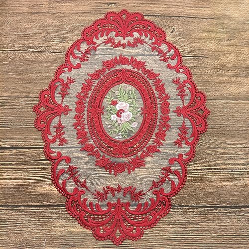 Anevous 1 set de table ovale en dentelle, décoratif, vintage, 31 x 42 cm, napperon en dentelle, motif floral brodé, lavable, pour décoration de cuisine, salle à manger, rouge