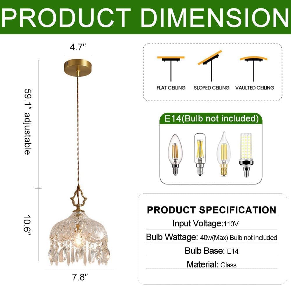 Clearn Glass Lampshade Pendant Lamp,French Brass Vintage Crystal Glass Pendant Light,Adjustable Hanging Single Head Hanging Lamp,for Kitchen Island Hallway Bedroom Farmhouse