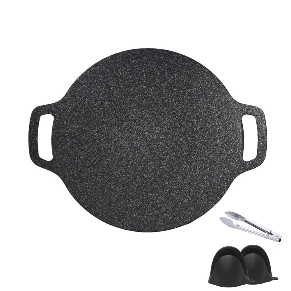 Korean BBQ Grill Pan 13.3inches, UNOSCHRIM Non-stick Grill Pan, Granite Coating Circular Grill Pan with Anti-Scalding Gloves and Food Clip, Suitable for Both Home and Outdoor Camping, Medium, Black