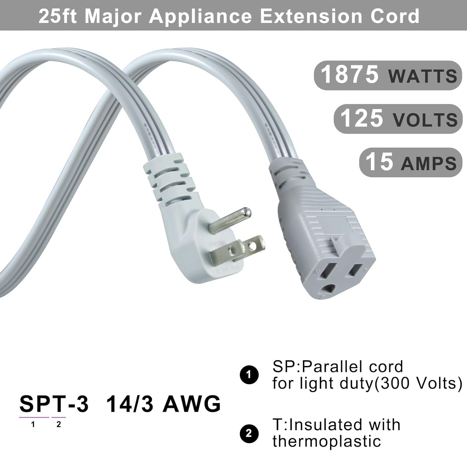 KUNCAN Appliance Power Extension Cord - 3 Prong Flat Wire SPT-3 14 AWG Heavy Duty Male to Female Extender Low Profile Grounded Cable for Major AC Unit, Air Conditioner, Refrigerator (25 Feet)