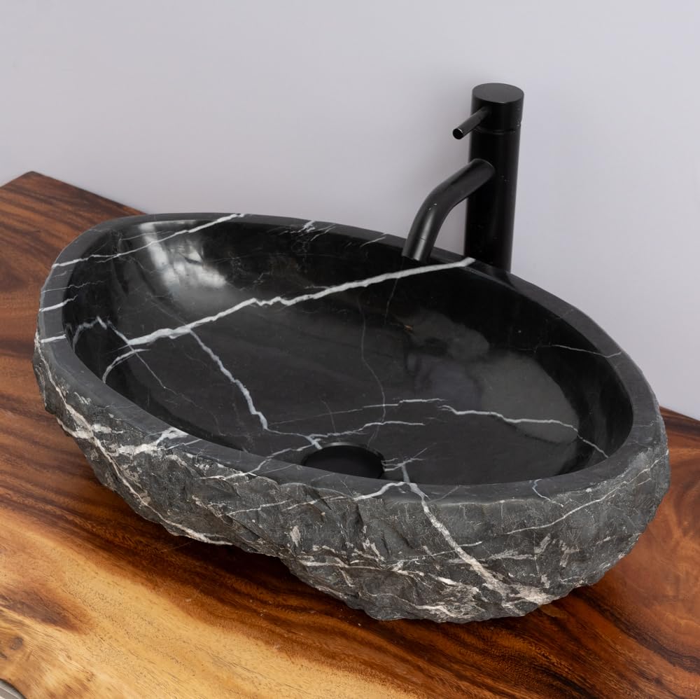 Photo 1 of Organic Freeform Hand-Carved Black Marble Vessel Sink – Stone Sink with Chiseled Exterior & Natural White Veining – One-of-a-Kind Rustic Luxury Bathroom Sink