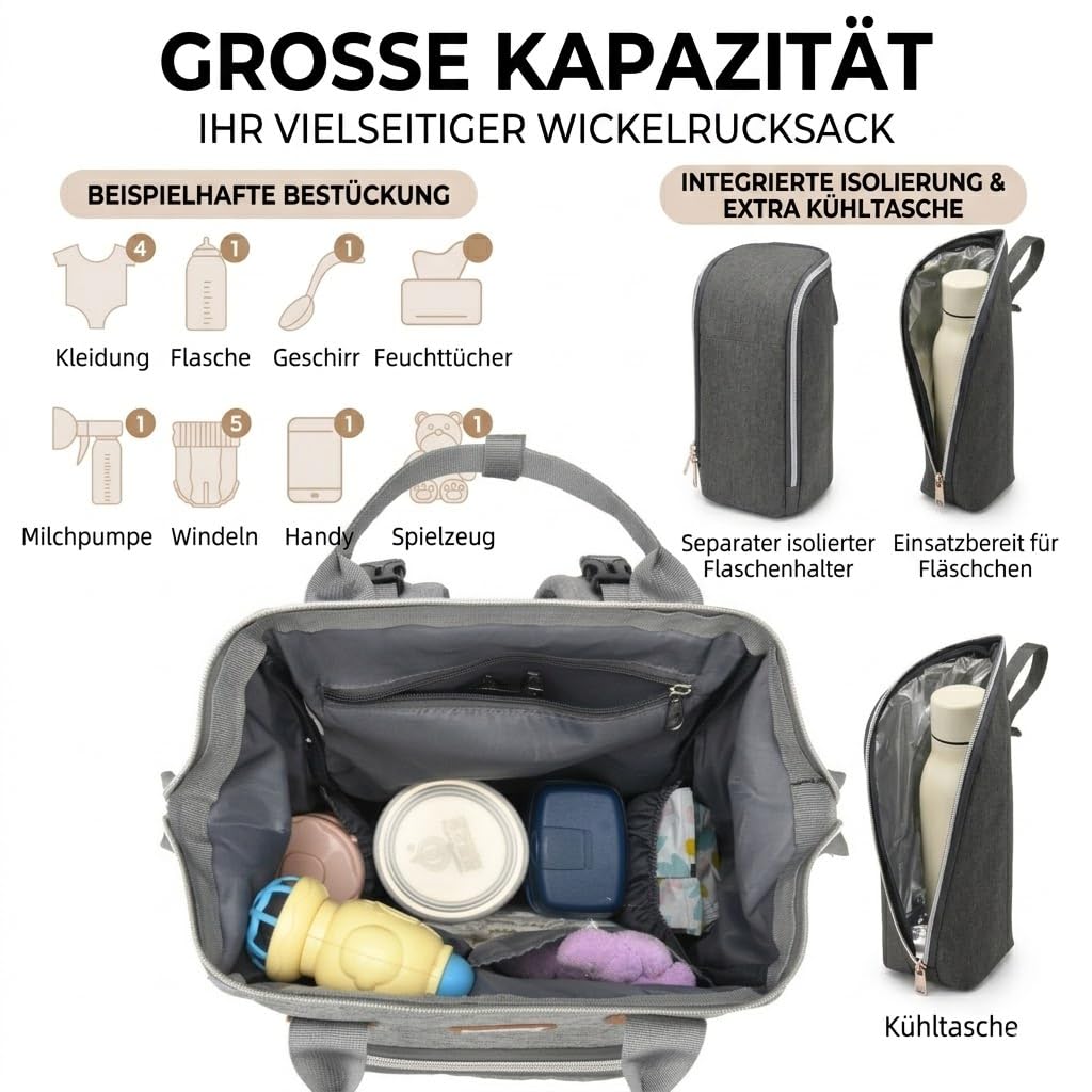 Zaino fasciatoio grande con fasciatoio e borsa termica, borsa fasciatoio alla moda con molto spazio, impermeabile, grande per viaggi e vita quotidiana, fissaggio per passeggino GROWZELT