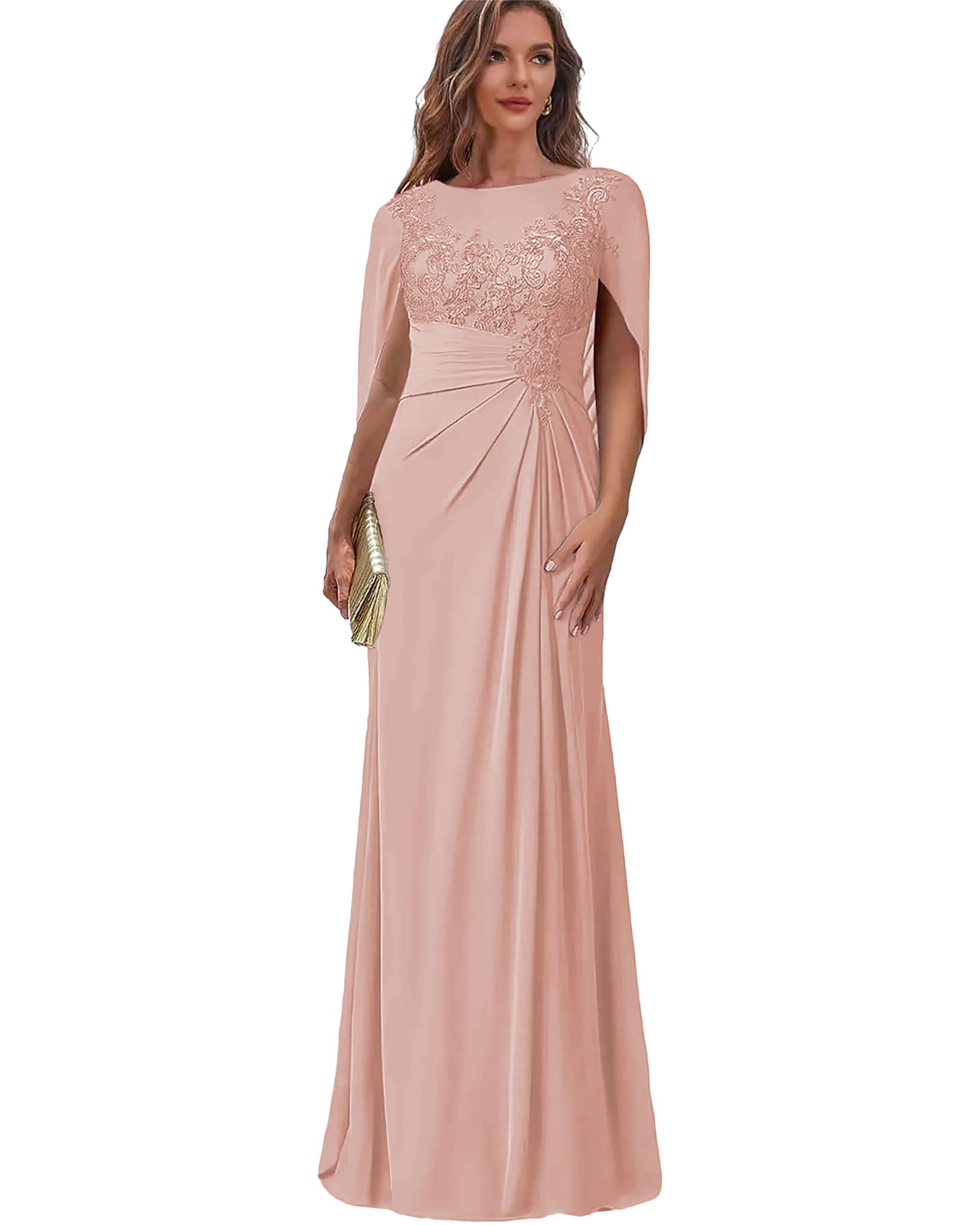Damen Brautmutterkleid Rundhals Lang - Spitzen Abendkleid für Hochzeit Chiffon Maxi Hochzeitsgastkleider