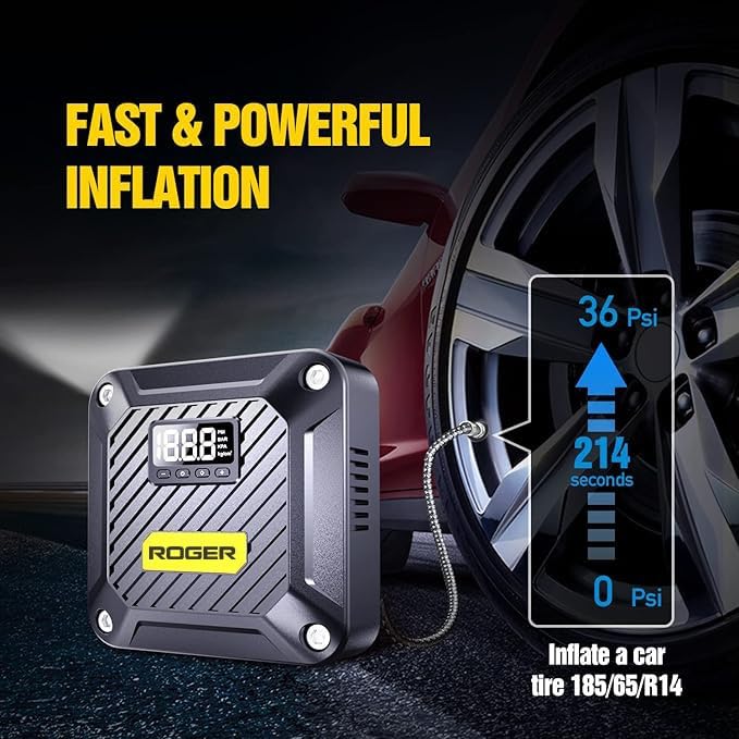 Image of ROGER Portable Air Compressor Pump - Powerful 12V DC Tire Inflator with Digital Gauge, Auto Shut-Off & LED Light - Ideal for Cars, Bicycles, Balloons & More