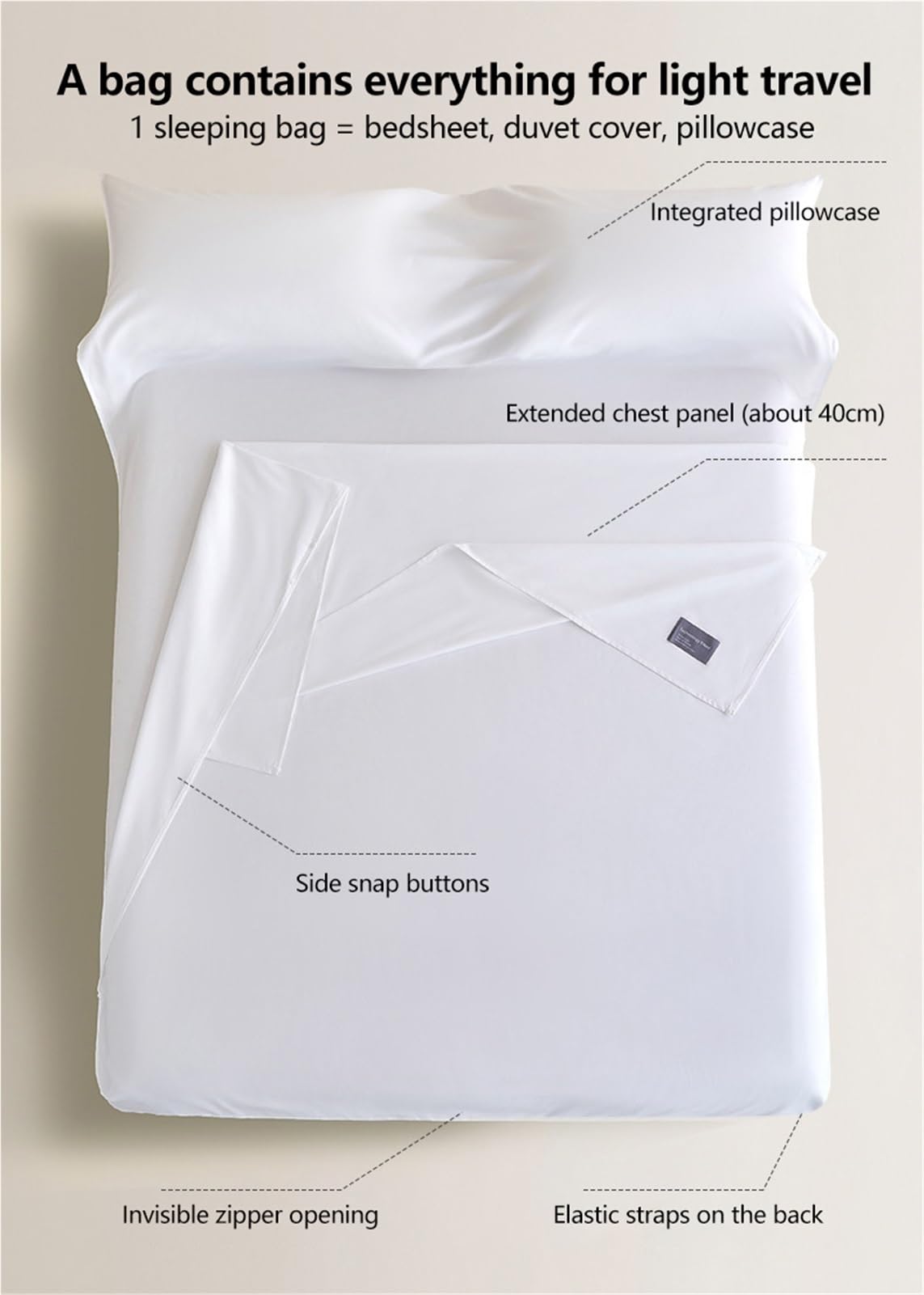 Sacco a Pelo in Cotone Lenzuolo da Viaggio 2 in 1 for Adulti Sacco a Pelo Estivo Portatile Ultraleggero for Zaino in Spalla Hotel Ostelli Viaggi d'Affari Campeggio(White,190x210cm-74x82)