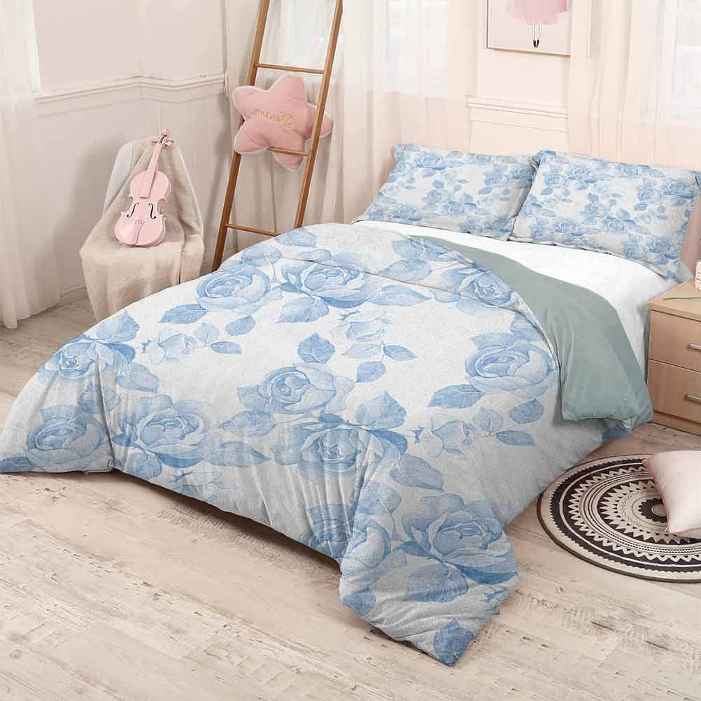 prunushome Rose Modern Duvet Cover SetFaint Faded Floral Dreamy Branch Plant Fashion Pastel Spring Seasonal Design Lightweight Soft Blue White 104x90in/20x35inx2
