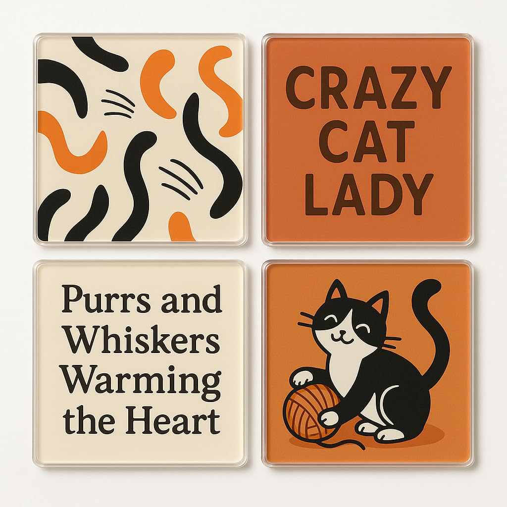 The Plum Penguin Feline Abstracts Acrylic Coaster Gift Set Of 4 With Abstract Cat Designs - Feline Whimsy For Home Decor Enthusiasts And Pet Lovers