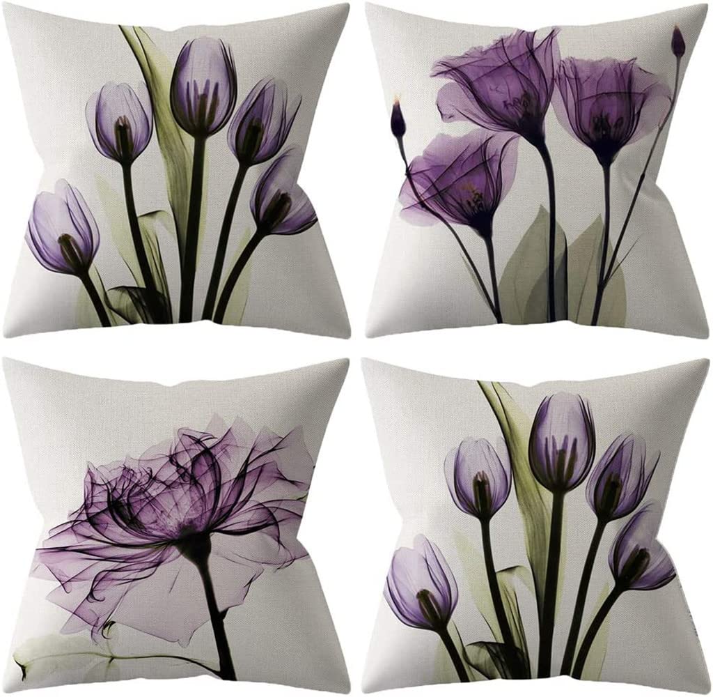 TIDWIACE Set of 4 Decorative Purple Flowers Cushion Covers 40 x 40 cm, Square Art Deco Throw Pillow Cases for Outdoor Furniture Garden Bench Living Room Sofa Farmhouse Decor 16x16