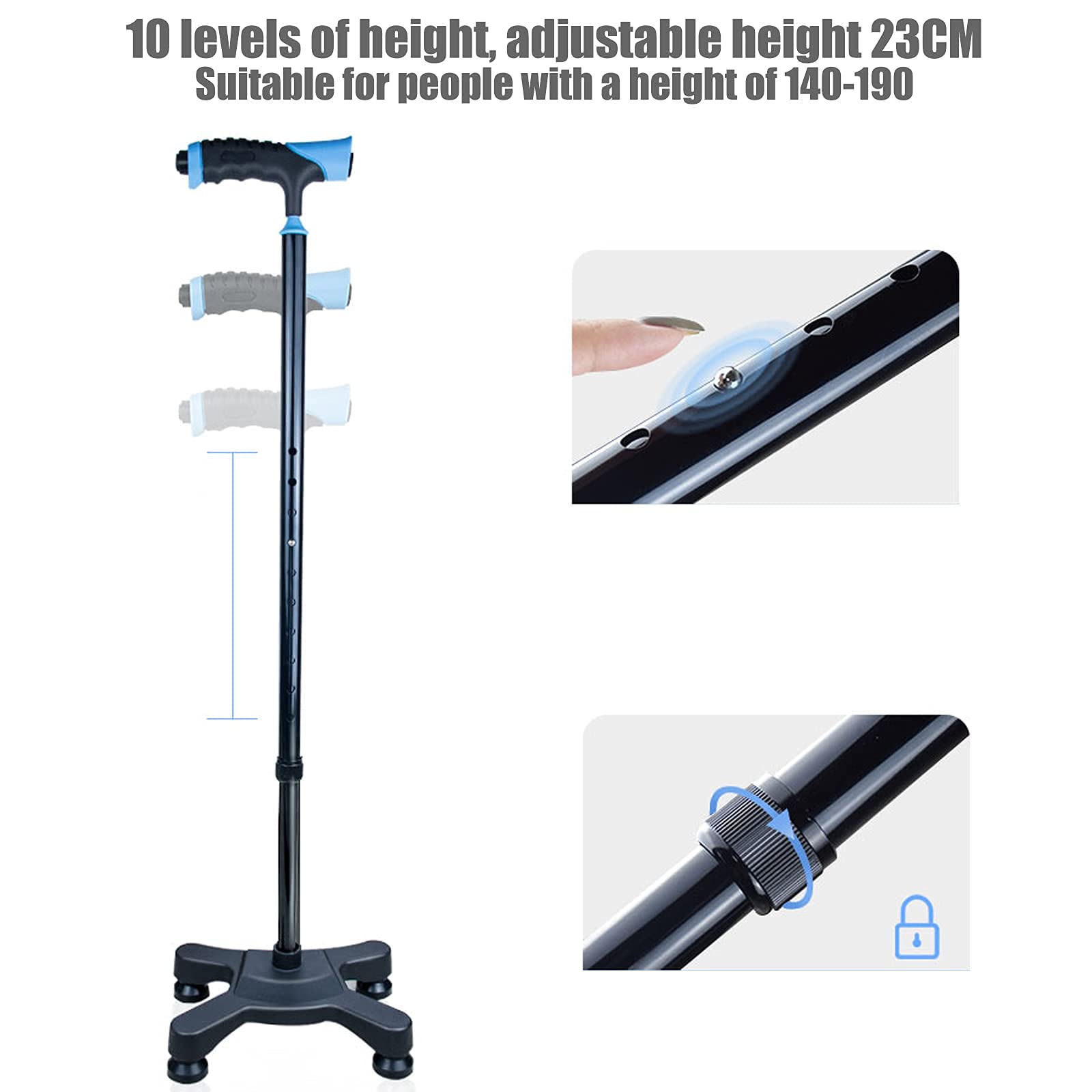 Bastón cuádruple Ajustable Ligero, bastón Azul con luz LED, Ayuda de Movilidad para Equilibrio para Hombres, Mujeres y Personas Mayores, Mango cómodo Star of Light