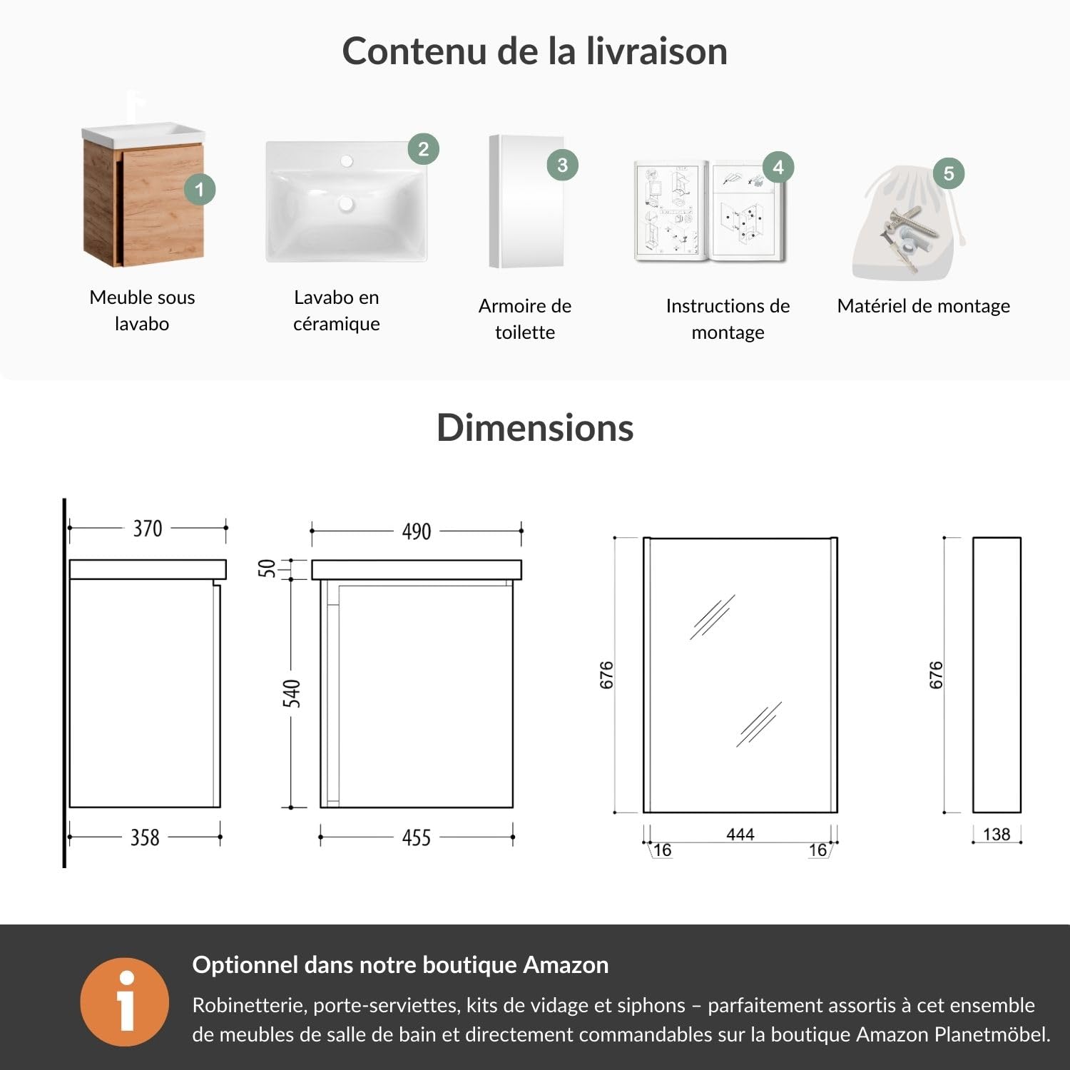 Planetmöbel Lavabo avec Meuble sous Vasque 50 cm, Armoire de Toilette 50 cm Incluse, Ensemble de Meubles de Salle de Bain avec lavabo Suspendu, chêne doré