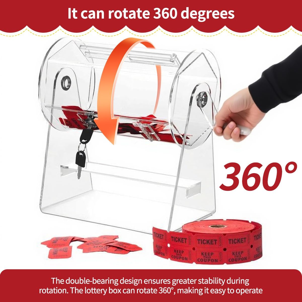 Raffle Drum with Handle Acrylic Clear Raffle Ticket Spinner with 2 Keys for Bingo, Lottery, Tombola para Rifas