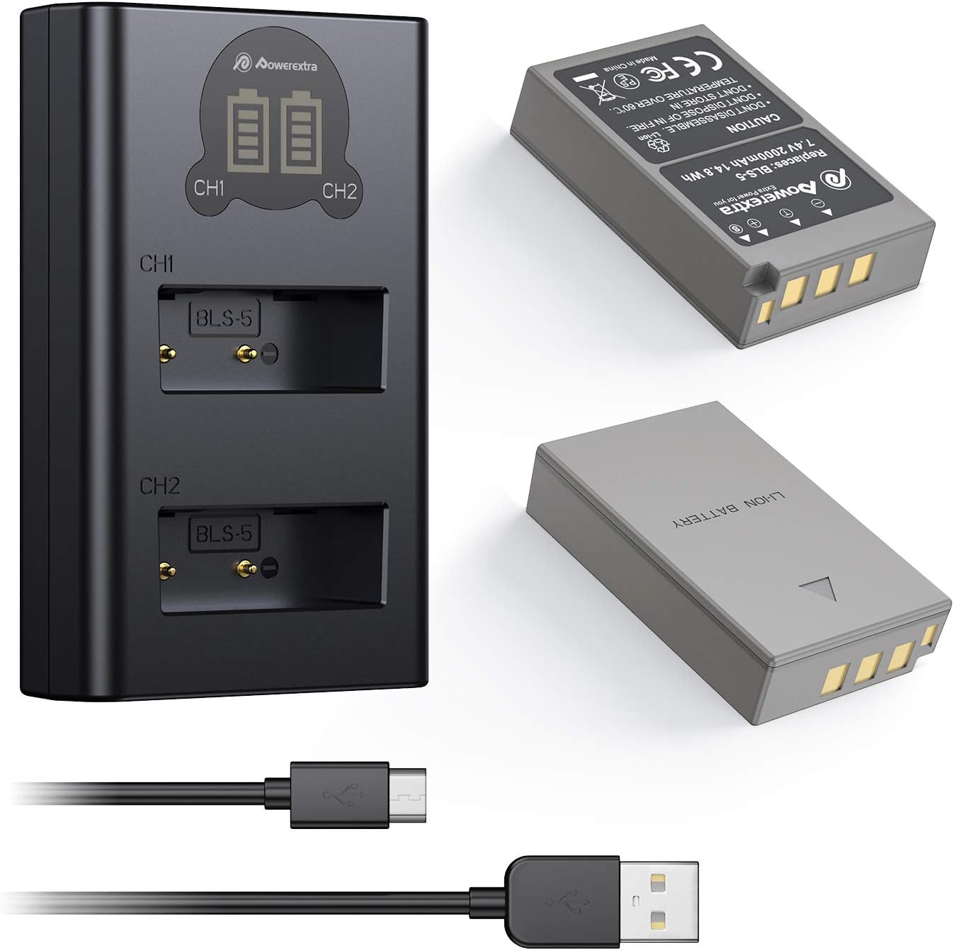 Powerextra 2 Pack Replacement BLS-50 Battery and Dual LCD Battery Charger Kit Compatible with Olympus BLS-5, BLS-50, PS-BLS5 and Olympus OM-D E-M10, Pen E-PL2, E-PL5, E-PL6, E-PL7, E-PM2, Stylus 1