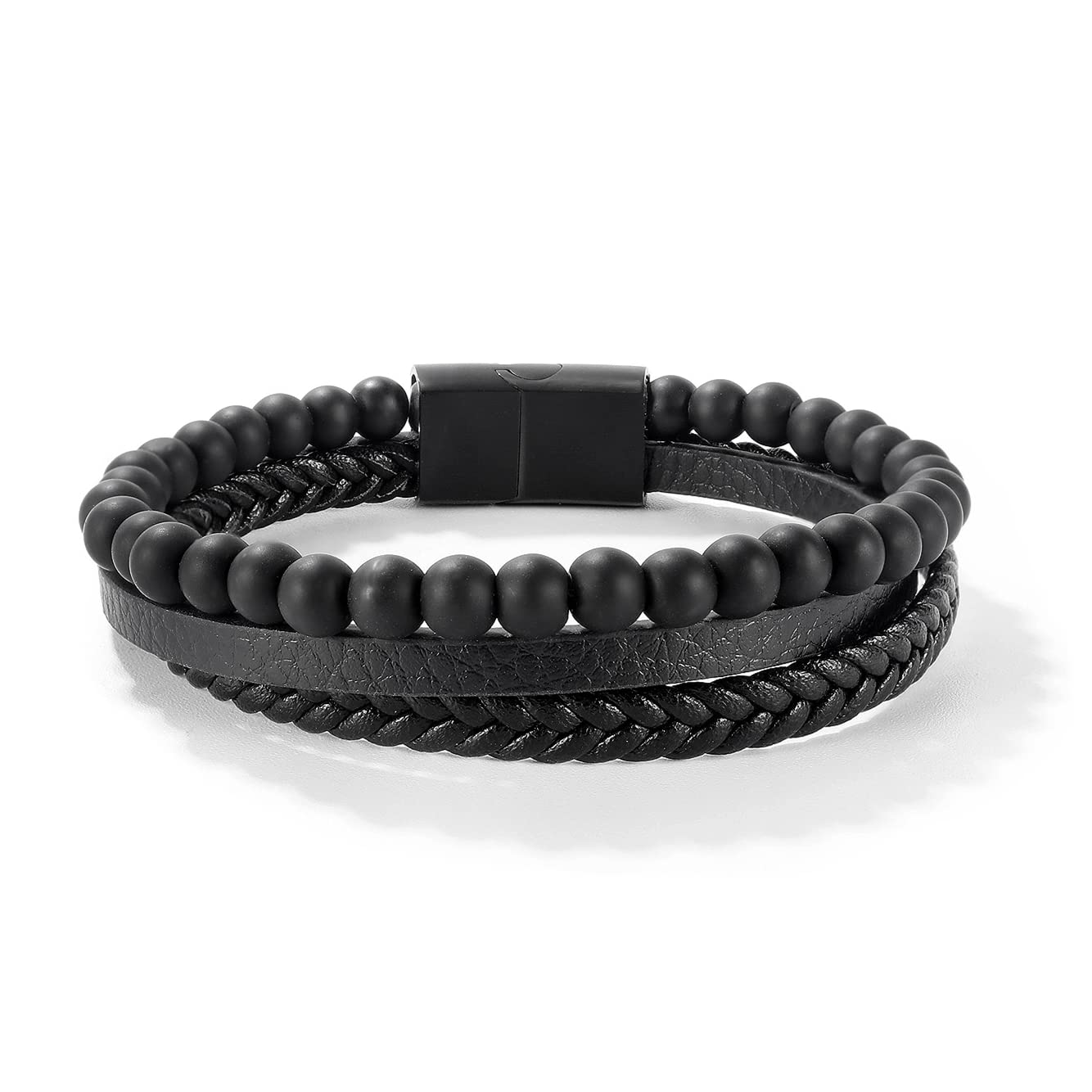 AtegazzaMen's Bracelet with Stones and Braided Leather Black Pearls GB502, 21 cm, Leather Stone