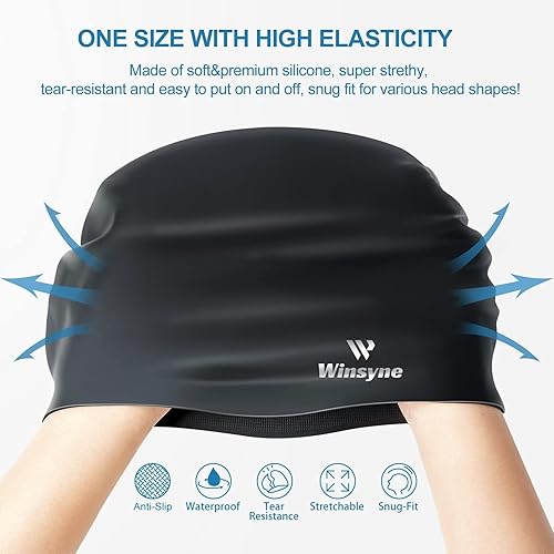 Miniatura 4 de Paquete de 2 gorros de natación de silicona para hombres y mujeres, unisex, para cabello cortolargo para mantener el cabello seco, gorros de baño